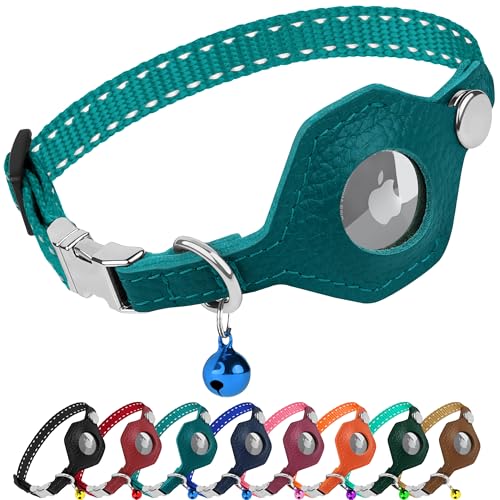 BUDKAS Leather AirTag Cat Collar with Metal Buckle - Reflective Non Breakaway Cat Collars with Apple AirTag Holder and Bell - GPS Tracking Pet Collars for Boy Girl Small Dogs Kitten Puppy (Teal)