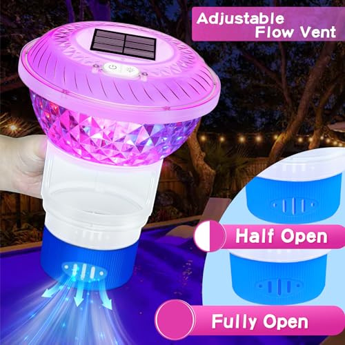 Image of Solar Pool Chlorine Floater,Chlorine Floater with Colorful Lights,Button Control Floating Pool Chlorines Dispenser,Adjustable Release & Easy Opening,Solar chlorines floaters for Hot Tub,Blue