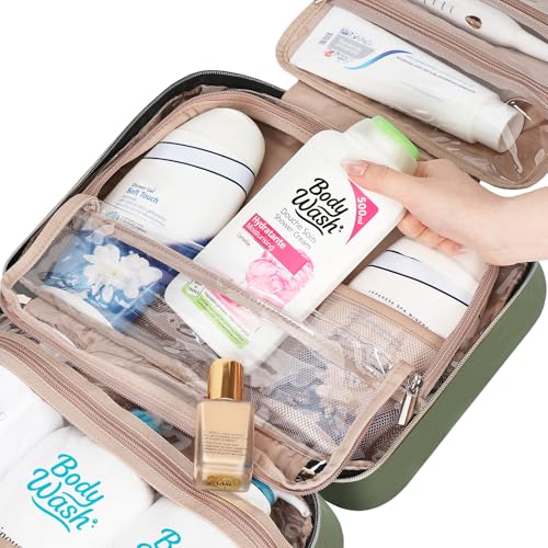 Image of NISHEL Travel Toiletry Bag for women, Portable Hanging Organizer for Family-Sized Shampoo, Conditioner, Brushes Set, Makeup Accessories, Extra Large Size, Green