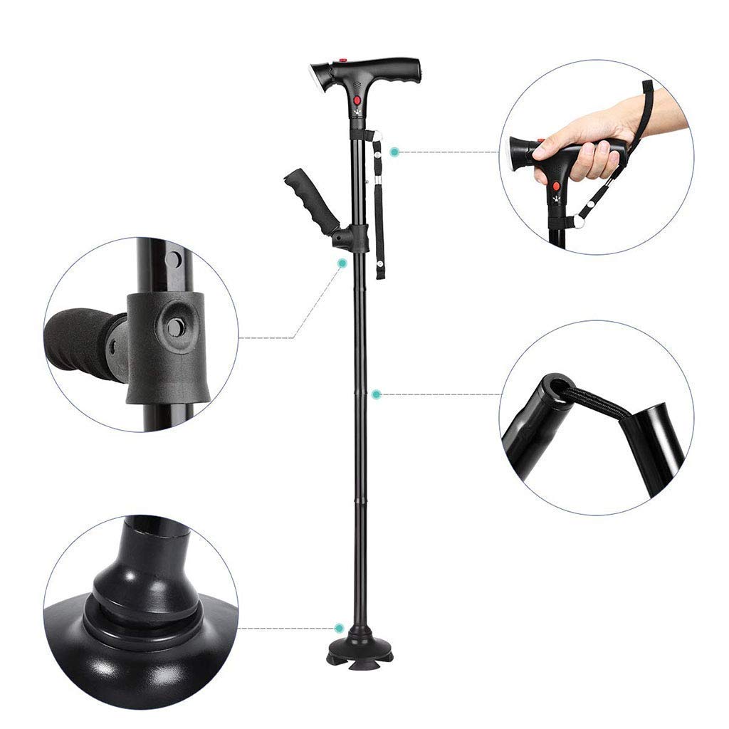 MRKU Bastón Plegable con botón de Alarma, bastón Plegable portátil para Exteriores con bastón Ajustable con luz LED, Andador de Aluminio Plegable Ligero, Padres Mayores, Regalos Unisex