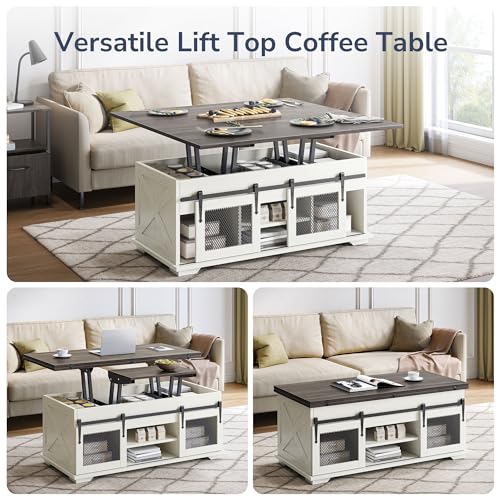 Image of BELLEZE Lift Top Coffee Table, 44 inch Farmhouse Table with Storage & Sliding Barn Doors, 3 in 1 Multi-Function Coffee Table for Living Room, Dining Reception Room, Lawson - White Sand