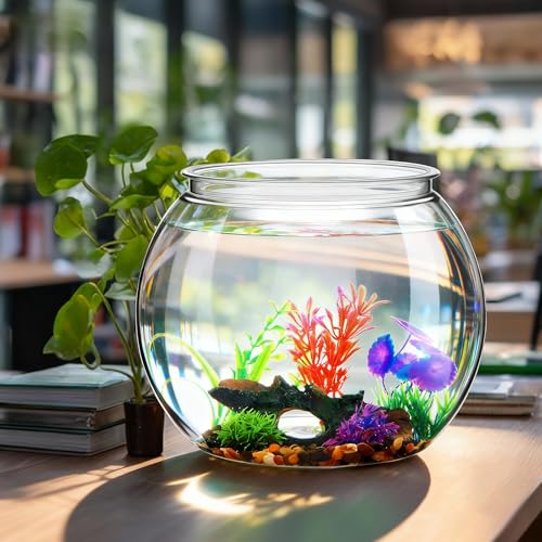 Image of 3 Gallon Plastic Betta Fish Bowl with 6 Pcs Artificial Plastic Plants and 500g Decorative Gravel, Betta Fish Tank and Decoration Accessories Small Large Bowl Ornaments Starter Kit