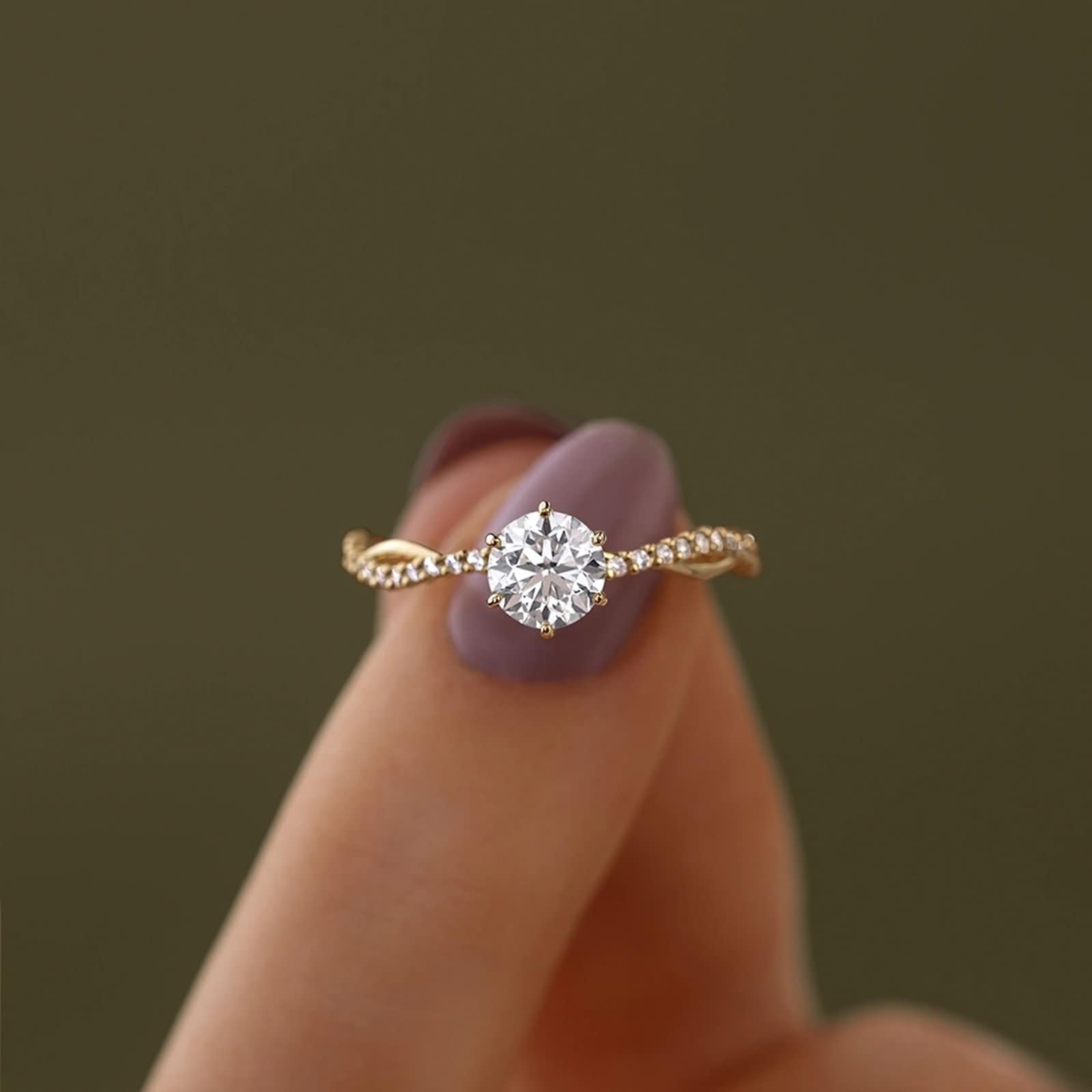 Anelli da Donna Fidanzamento Fede 6x6mm Rotondo con Moissanite, Anello di Oro Giallo Donna 9Kt/14Kt/18 Kt, Oro