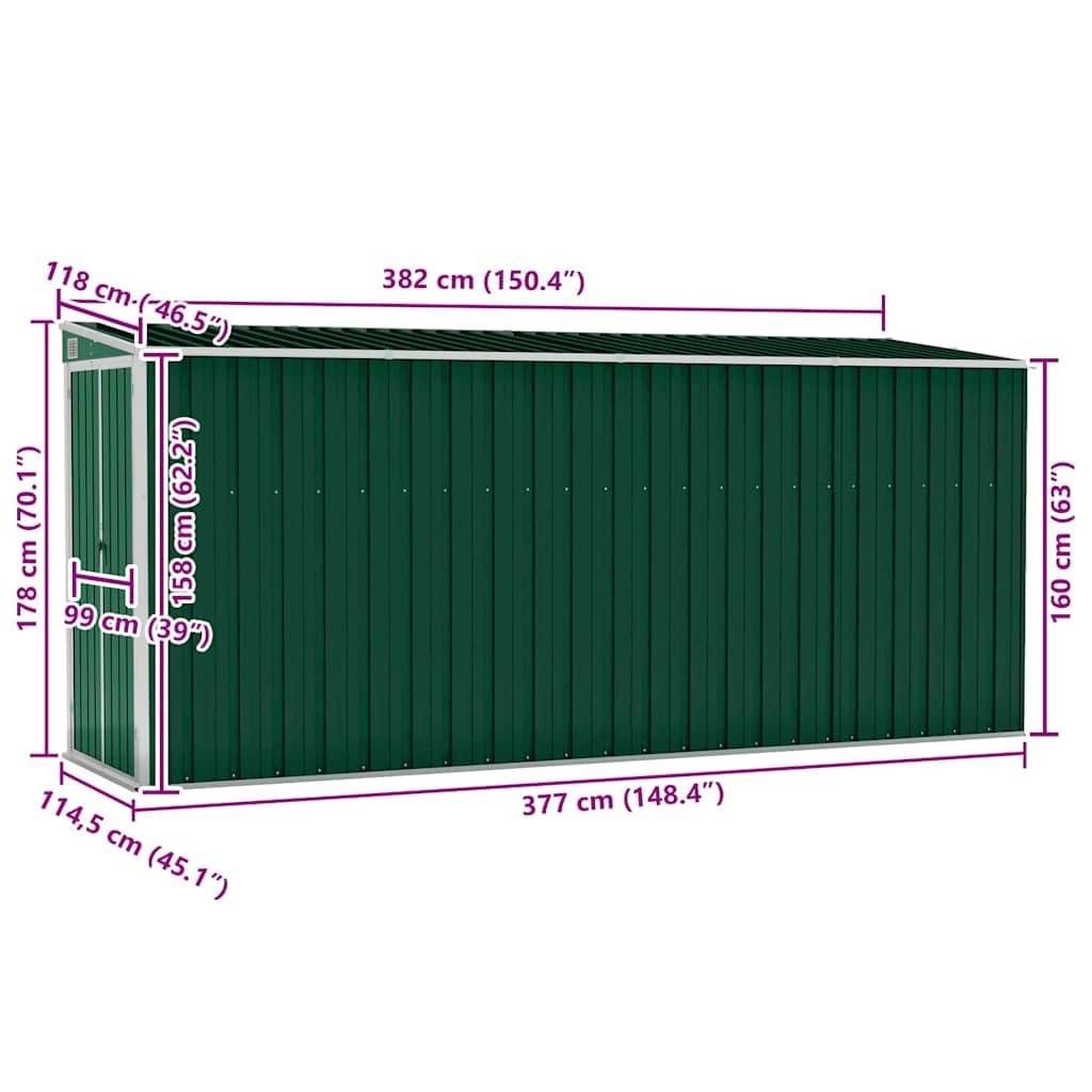 vidaXL Capanno Giardino a Parete Verde 118x382x178 cm Acciaio Zincato