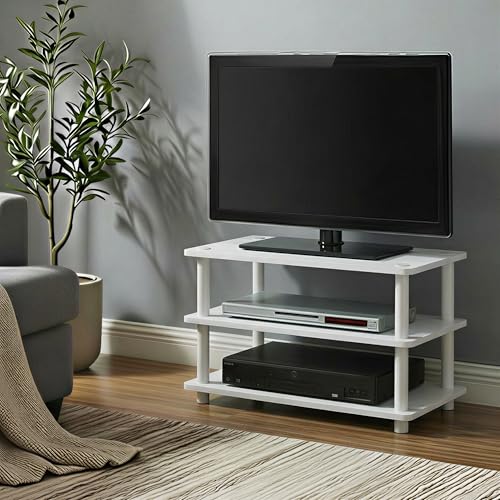 Image of Furinno Turn-N-Tube TV Stand, 3-Tier Corner Entertainment Center with Shelves, Toolless TV Console for TV up to 32 Inch, Open Back, Easy Assembly, for Living Room, Bedroom, White