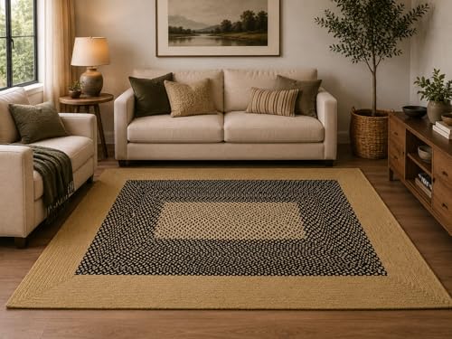 Image of Bhuvan Handloom Natural Cotton Braided - Hand Woven & Reversible for Living Room, Kitchen, Entryway - Cotton Burlap Hallway Braided Farmhouse Rustic Rug (Beige & Black, 3'x5'[Feet], Rectangular)