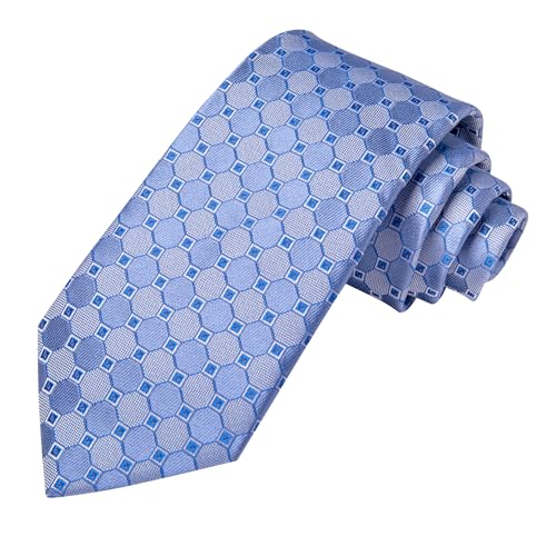 Image of Hi-Tie Sky Blue Mens Ties Light Blue Plaid Necktie for Men Novelty Tie Handkerchief Cufflinks Lapel Pin Set Wedding Business, Medium