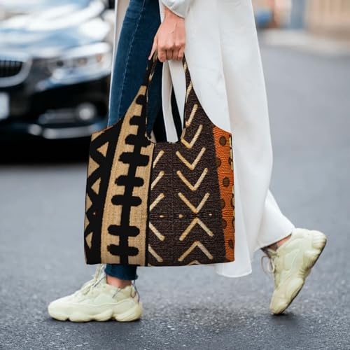 Bolso tote de lona con estampado contemporáneo de tela africana de barro para mujer – poliéster de alta densidad, bolso amplio para el trabajo y recados miniatura 6
