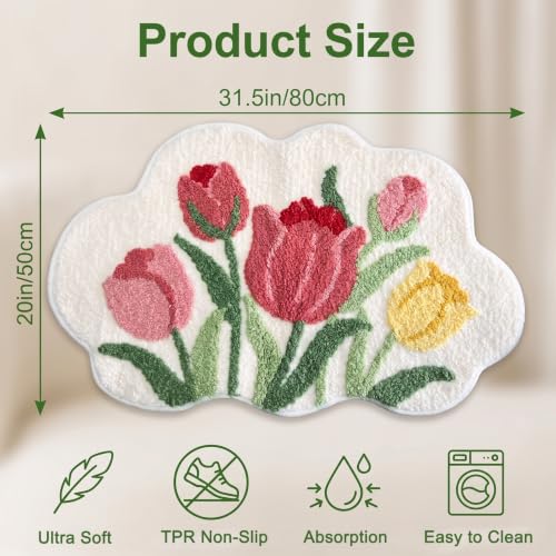 Image of Tulip Cloud Shaped Bath Mat, Soft Non-Slip Fluffy Fresh Flowers Bathroom Rug, Super Absorbent Microfiber Shaggy Door Mat,Machine Washable Bath Rug Carpet for Bathtub Bedroom 31.5 inch x 20 inch (Pink-Tulip)