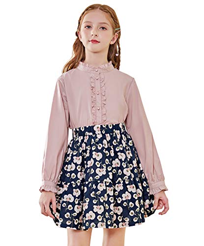 SOLOCOTE Blusa de niñas con Volantes, Mangas largas, Botones, Estilo Princesa, de algodón Suave y Suelta, Ideal para Primavera y Verano Rosa 13-14 años