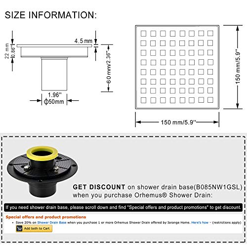 Orhemus Square Shower Floor Drain With Removable Cover Grid Grate 6 Inch Long thumb #6