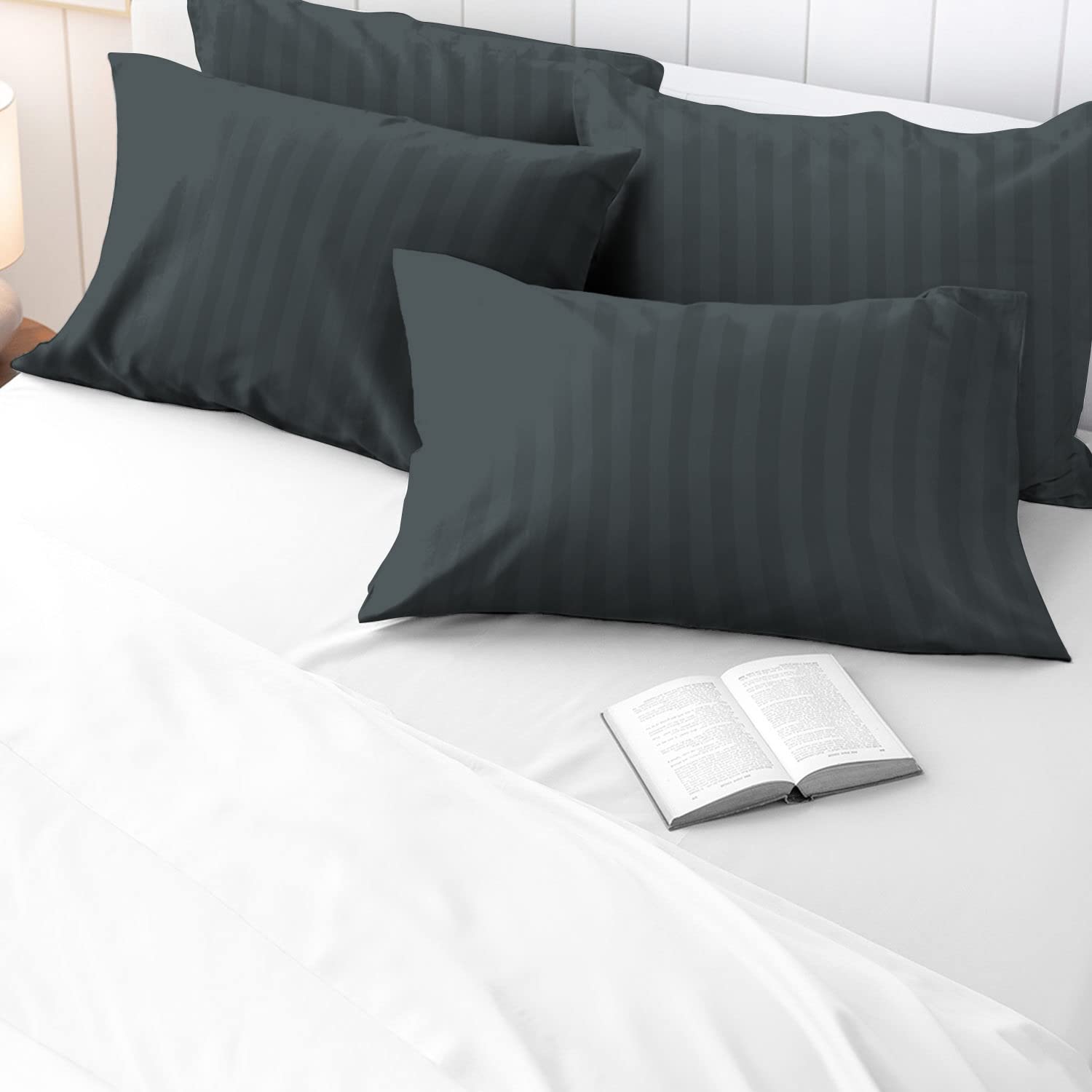 Pizuna Anthracite - Damask Stripe 100% Cotton Satin Stripe Anthracite Grey Housewife Pillowcases 2 Pack, 300 Thread Count Damask Bedding Long Staple Combed Cotton Sateen Pillow Case 48X74 (Gray Pillow Cases 2 Pack)