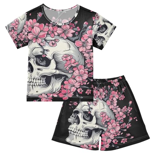 ALAZA Skull and Cherry Flowers Pajama Set Short Sleeve Sleepwear Soft Lounge Nightwear