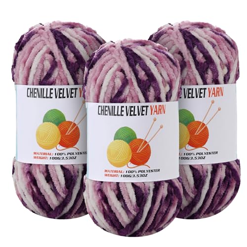 Image of 3 * 100g Velvet Chenille Chunky Yarn for Crocheting, Handcrafts Weaving Soft Chenille Yarn for Crocheting Clearance, Used for Making Baby Yarns Blanket, Clothes, Knitting Creations (Colorful - F)