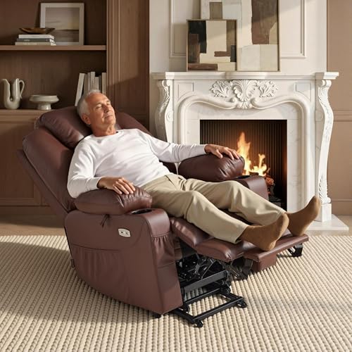 Image of MCombo Large Power Lift Recliner Chair with Massage and Heat for Tall Elderly People, 3 Positions, Cup Holders, and USB Ports, Faux Leather 7516 (Large, Light Brown)