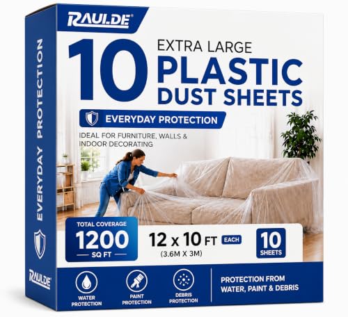 Raulde 10 Pack Extra Large Plastic Dust Sheets for Decorating 3.6 x 3m (12 x 10ft) Light Dust Sheet for Painting & Furniture - Plastic Sheet - Plastic Sheeting - Decorating Sheets - Dust Cover