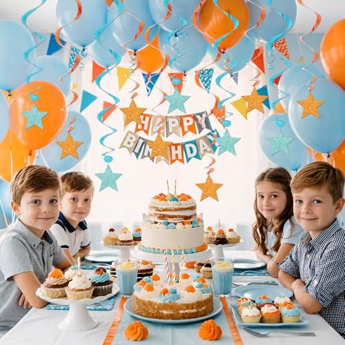 Image of BEISHIDA Blue Orange Glitter Stars Hanging Swirls Pre-Strung Stars Hanging Decorations for Baby Shower Paw Birthday Party Decorations Supplies,Pack of 15