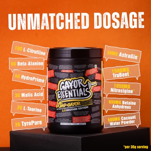 Image of Gayor Essentials Pump Gayor 3.0 Brother Edition Pre Workout Without Caffeine for Men & Women Focus Booster with Citrulline Glycerol and 5 Patented Ingredients Stimulant Free (Lemon Shikanji,665g)