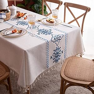 AMZALI Table Cloth Embroidery Damask Pattern Wrinkle Free Heavy Weight Cotton Linen Farmhouse Tablecloth Decorative Fabric Tassel Table Cover for Outdoor and Indoor Use (Rectangle,55 x 87 Inch) AMZALI Table Cloth Embroidery Damask Pattern Wrinkle Free Heavy Weight Cotton Linen Farmhouse Tablecloth Decorative Fabric Tassel Table Cover for Outdoor and Indoor Use Rectangle55 x 87 Inch