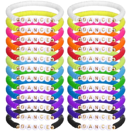 Blosssound 24 Pcs Dance Polymer Clay Beaded Bracelet Bulk Stretch Heishi Bracelet for Dancer Party Favors Team Gift Colorful Dance Lover Gift Ballerina Party Favors Charm Jewelry