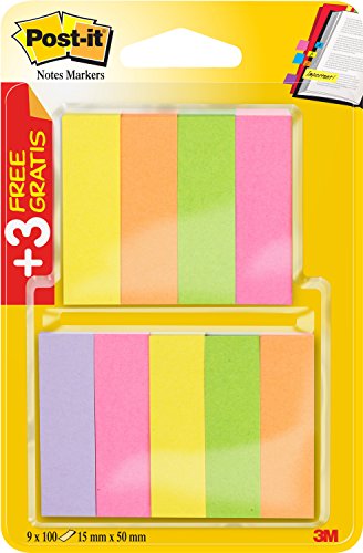 Post-it 670-6+3 Lot de 9 x 100 marque-page autocollants et fins 15 x 50 mm Rose fluo/vert fluo/jaune fluo/orange fluo/violet