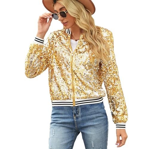ACEFAST INC Women's Shiny Sparkle Sequins Long Sleeve Zip Blazer Halloween Party Bomber Jacket2