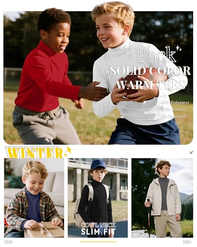 5 Pack Boys Turtleneck Tops, Kids Long Sleeve T Shirts Turtle Neck Pullover Shirts Solid Color Warm Tees4