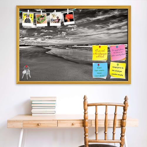 Image of ArtzFolio Sea, Air, & Land Monochrome Contrast | Bulletin Board Notice Pin Board | Vision Soft Board Combo with Thumb Push Pins & Sticky Notes | Golden Frame | 23.5 x 16 inch (60 x 41 cms)