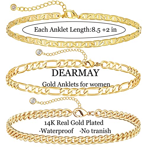 Image of DEARMAY Gold Anklets for Women Waterproof, Non Tarnish14K Gold Plated Ankle Bracelets Set Stack, Summer Beach Jewelry Gifts for Vacation, Bikini Outfits for Women Mom Her