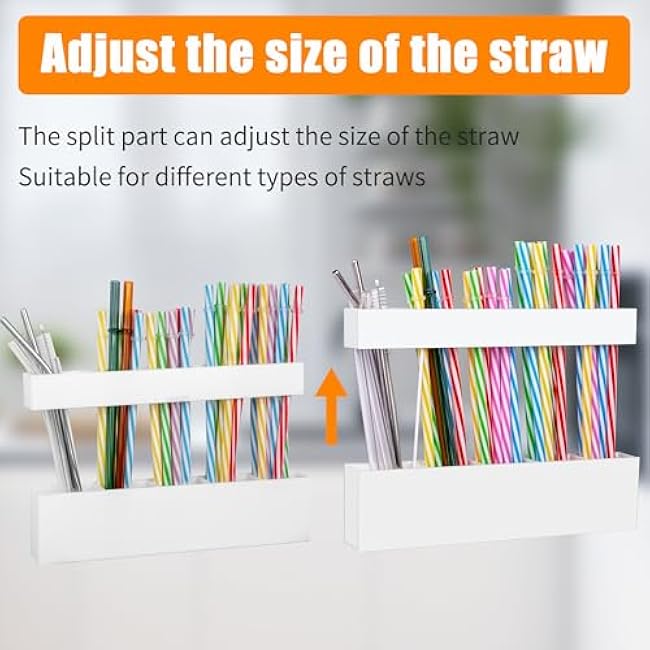 Acrylic Straw Holder For Cabinet Door,Adjustable Acrylic Straw Organizer with 5 Large Compartments,Reusable Tumbler Straws Applicable counter Door Storage Dispenser for Kitchen Counter (White)