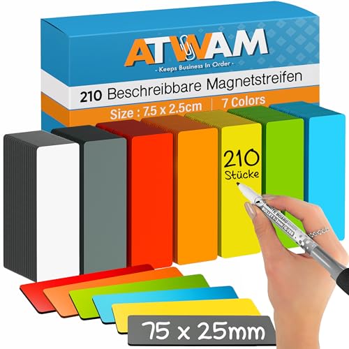 ATWAM 210 Magnetstreifen Beschreibbar - 75 x 25 mm - 7 Farben - Scrum & Kanban - Beschreibbare Magnete - Für Whiteboard Magnettafel Magnetwand & Kühlschrank