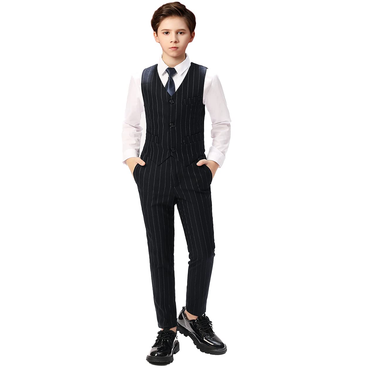 Boihedy Boys Suits Kids Black Pinstripe Tuxedo Suit Size 12 Toddler Boy Dress Pants & Vest Set for Wedding