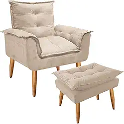 Combo Poltrona Decorativa Opala Deluxe com Puff Suede Bege