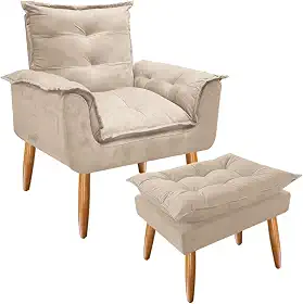 Combo Poltrona Decorativa Opala Deluxe com Puff Suede Bege