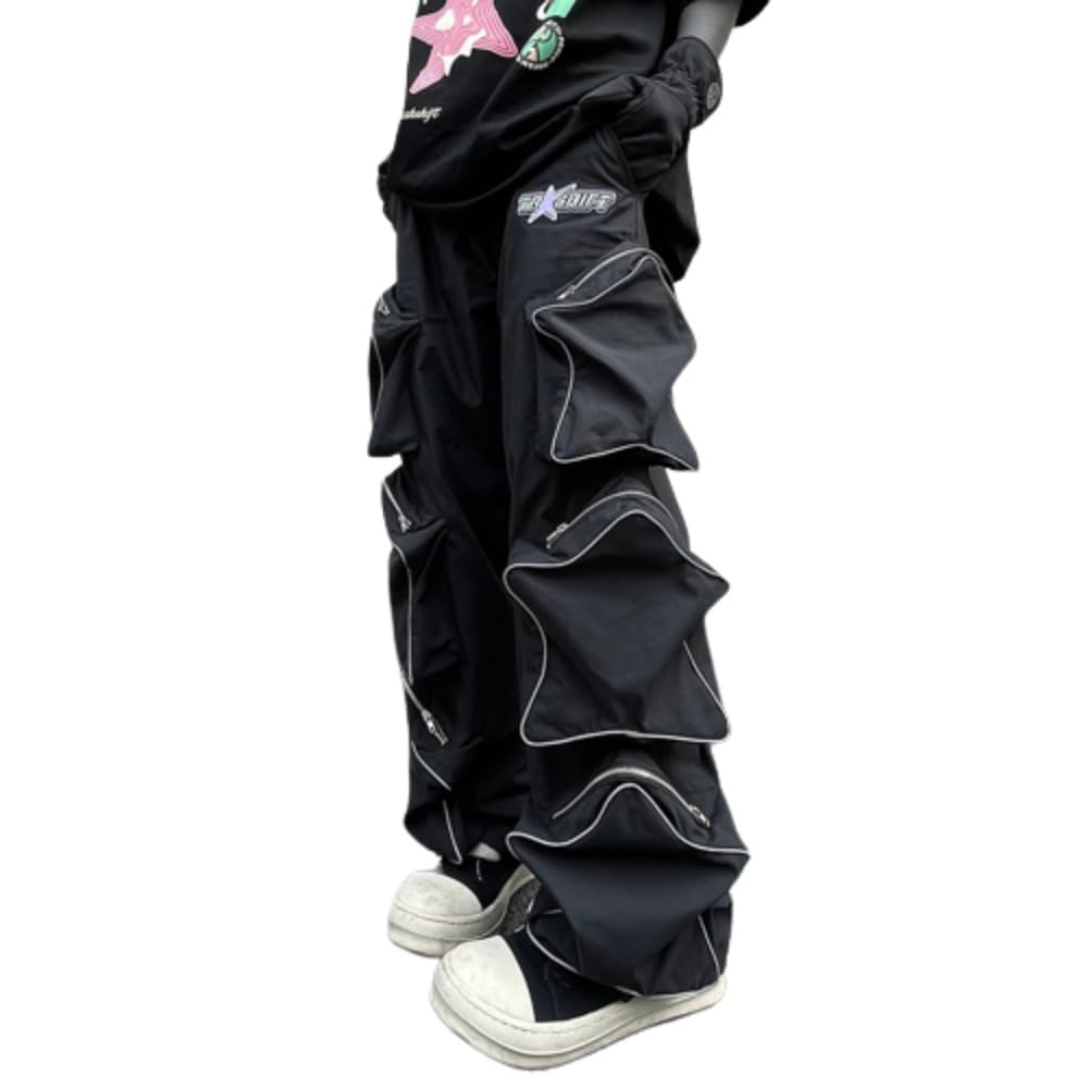 PonitrackY2k Star Pockets Pants Baggy Streetwear Cargo Pants Parachute Pants Casual Loose Low Waist Multi-Pocket
