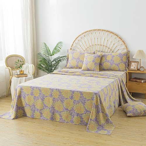 Image of FADFAY Sunflower Sheets Set Queen Vintage Yellow Purple Floral Bedding Shabby Farmhouse Bedding Super Soft Washed Double -Layer Muslin Sheets 100% Cotton Deep Pocket Fitted Sheet 4Pcs, Queen Size
