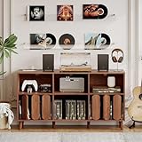 Gaderth Modern Large Record Player Stand with Power Outlet, 55'' Mid-Century Vinyl Record Storage Holder Turntable Stand Record Stand Table with Charging Station, Wood TV Stand Media Console