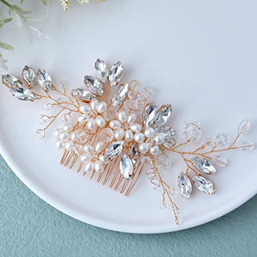Wedding Hair Accessories For Brides, Beusoulover Bridal Hair Accessories , 5 Pieces (Pearl Hair Comb + 4Pcs Silver Hair Pins) For Women And Girls, Brides, Bridesmaids And Mother Of Brides Vintage Gold Headpieces (Gold) (Gold) #TOP3
