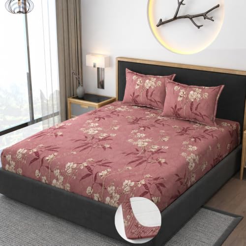 Image of Premium Heavy Cotton Elastic Fitted Bedsheets with 2 King Size Pillow Covers | Diwan Bed with All Around Elastic 350 TC | 48 x 78 x 8 Inch Diwan Size Fitted | :- Maroon Flower