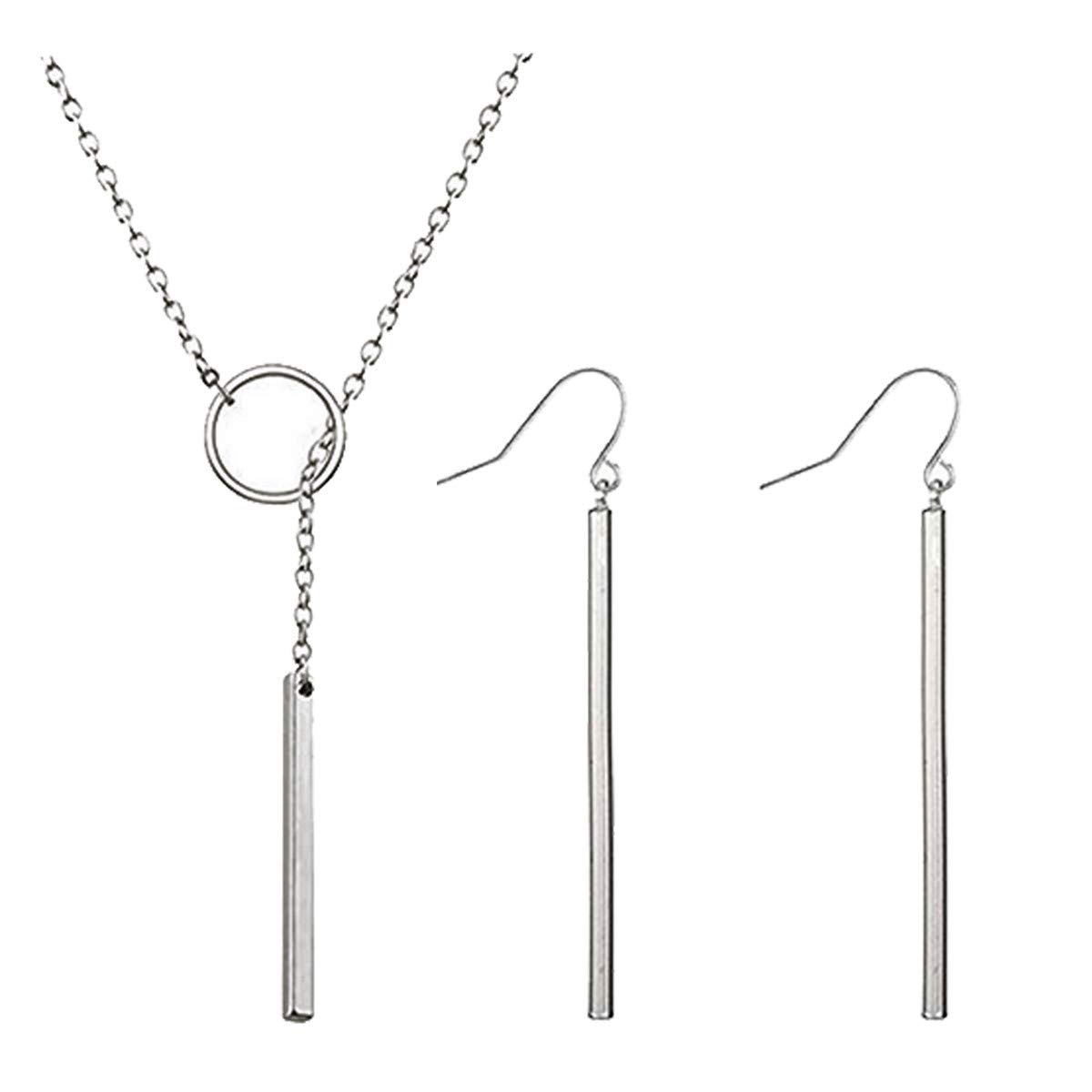 Dcfywl731Minimal Dainty Gold Plated Dangle Earrings Layered Bar Pendant Neckalce Gold Long Y-Necklace Gold Earrings and Necklaces Set Delicate Lariat Chain Jewelry for Women