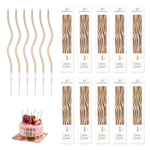 60 pezzi candele a spirale, candele a spirale per compleanni, torte, decorazioni a spirale, per feste di compleanno, matrimoni, feste, eventi, cerimonie, lunghe 15 cm con supporti (champagne oro)