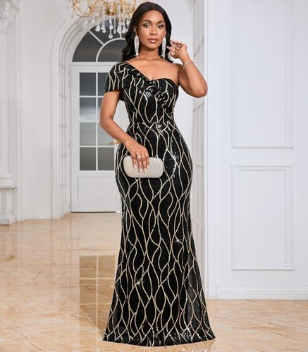 Image of Cololura Women Sexy Sequin One Shoulder Mermaid Formal Party Cocktail Gowns Bodycon Evening Maxi Dress