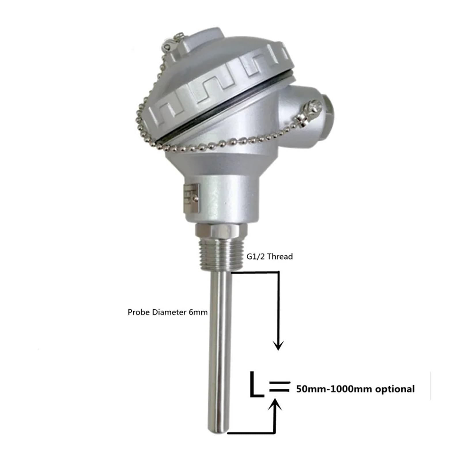 Czujnik temperatury, Czujnik temperatury PT100 RTD ze stali nierdzewnej, gwint NPT 1/2" 50-200 mm(150mm)