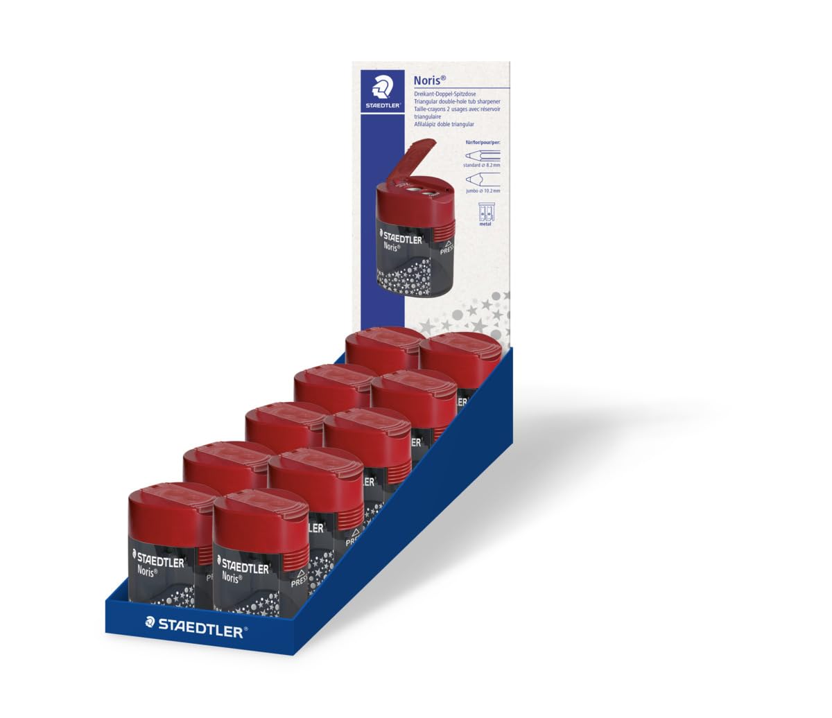 STAEDTLER Pencil Sharpener Double-Hole Tub for Graphite & Colouring Pencils - Noris - Star Design - Pack of 10, 512 188 - Image 3