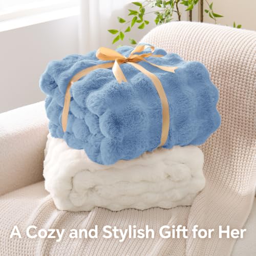 Image of BEDELITE Faux Fur Throw Bubble Blanket for Couch, 50 inch x 60 inch, Light Blue