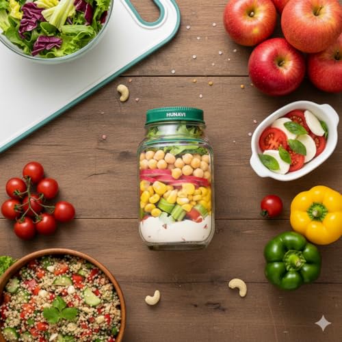 Image of Side-Open Mason Jar Salad Container - Leakproof Vertical Layering Jar with Built-in Dressing Cup, Reusable Portable Lunch Jar for Office, Picnic & Travel (Green, Pack of 1)