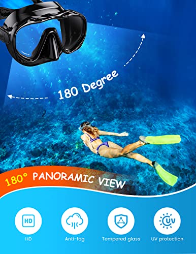 Snorkeling Gear For Adults, Snorkel Mask Set 180° Panoramic View Snorkel Gear, 100% Food-Grade Silicone Anti-Fog Anti-Leak Dry Top Diving Mask For Snorkeling Swimming Scuba Diving (Black) #TOP1