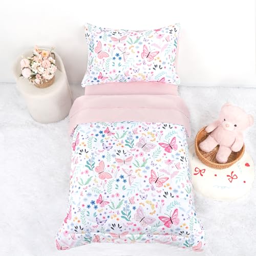 Image of Toddler Bedding Set for Girls 4 Pieces Butterfly, Soft Breathable Toddler Comforter Set, Flower Print, Includes Reversible Comforter, Fitted Sheet and Flat Sheet, Pillowcase