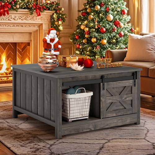 DWVO Farmhouse Coffee Table with Storage: Wooden Square Center Table with Sliding Barn Door, Small Living Room Table Dark Oak