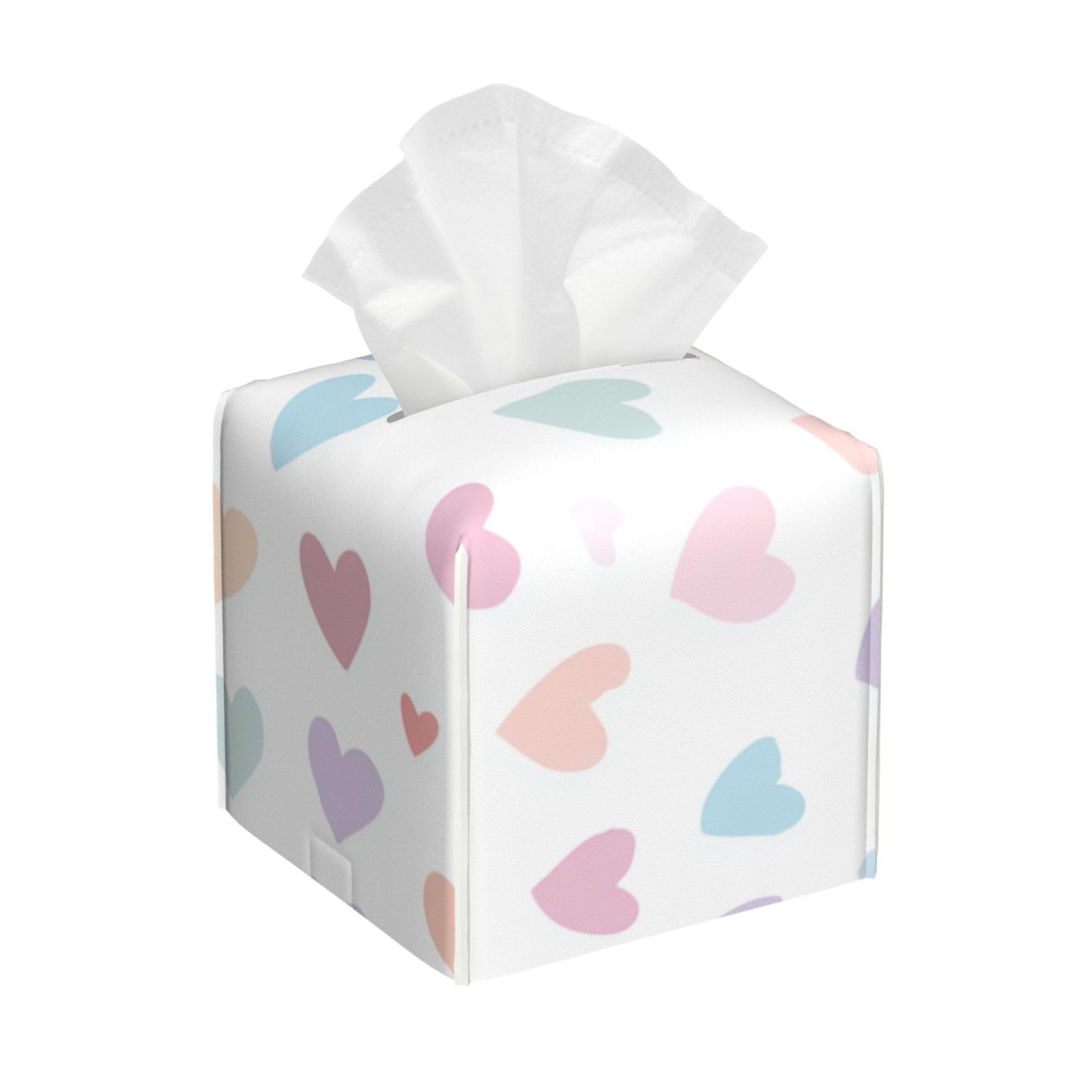 Small Pastel Pink Hearts Tissue Box Cover Square Pu Leather Waterproof Tissue Box Holder for Car Bathroom Bedroom Office Tabletop Decor